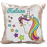 Personalized Mermaid Reversible Sequin Pillow, Custom Unicorn Stars Sequin Pillow (White/Rose-Gold)