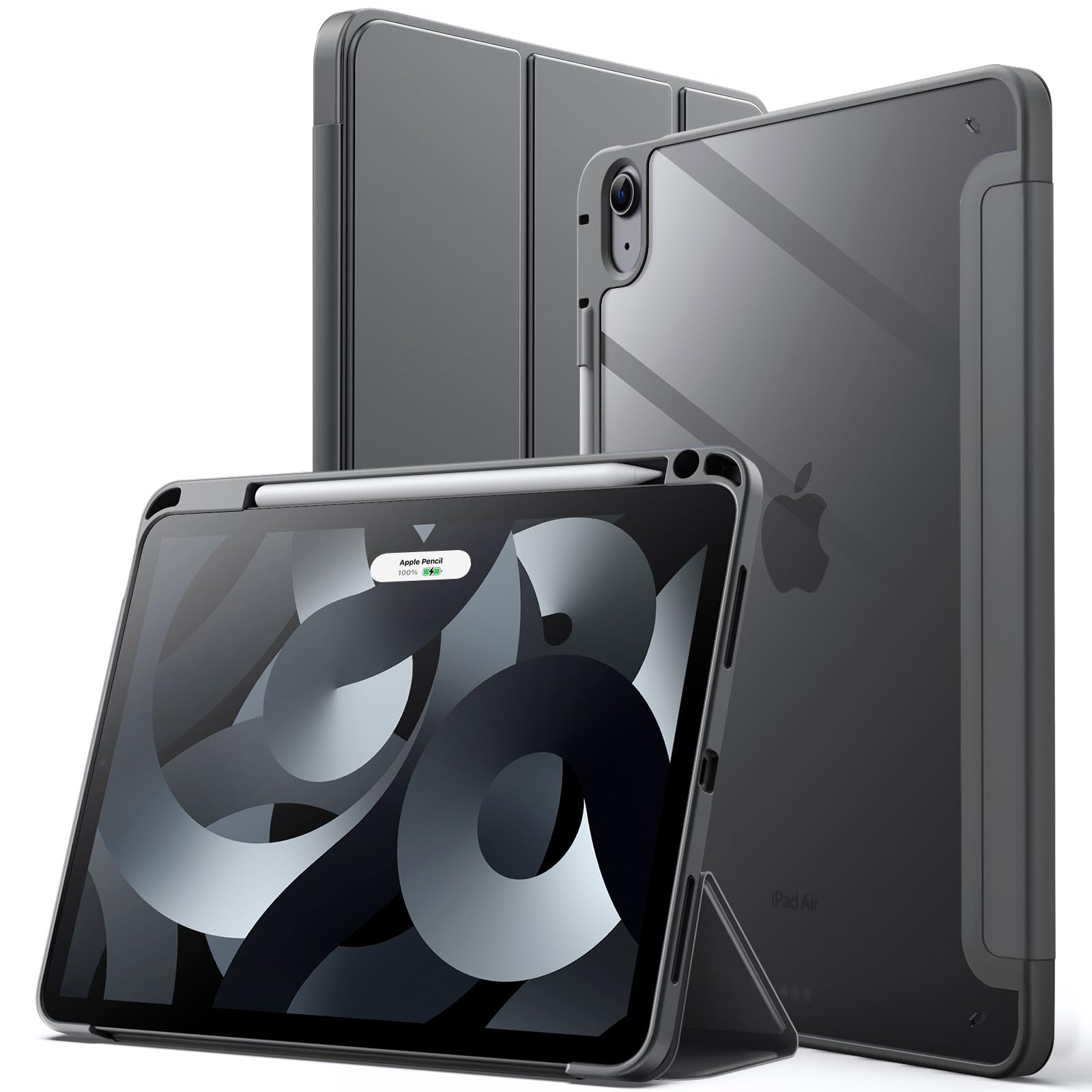 JETech Case ONLY for iPad Air 11-Inch M4/M3/M2 (2026/2025/2024), iPad Air 5/4 (2022/2020 5th/4th) with Pencil Holder, Clear Transparent Back Slim Stand Shockproof Tablet Cover (Space Grey) — image 1