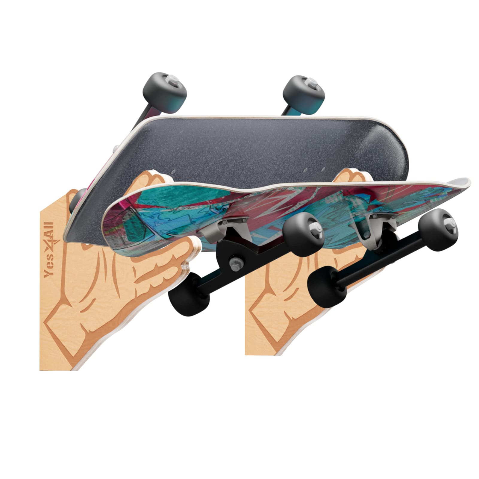 Yes4All Unique Wooden Skateboard Rack, Wall Mounted Longboard Storage for Home Decor and Garage Organizer