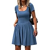 Mieazom Women's Summer Casual Short Sleeve Mini Dress Square Neck A Line Pleated Swing Dresses Basic Short Dress with Pockets