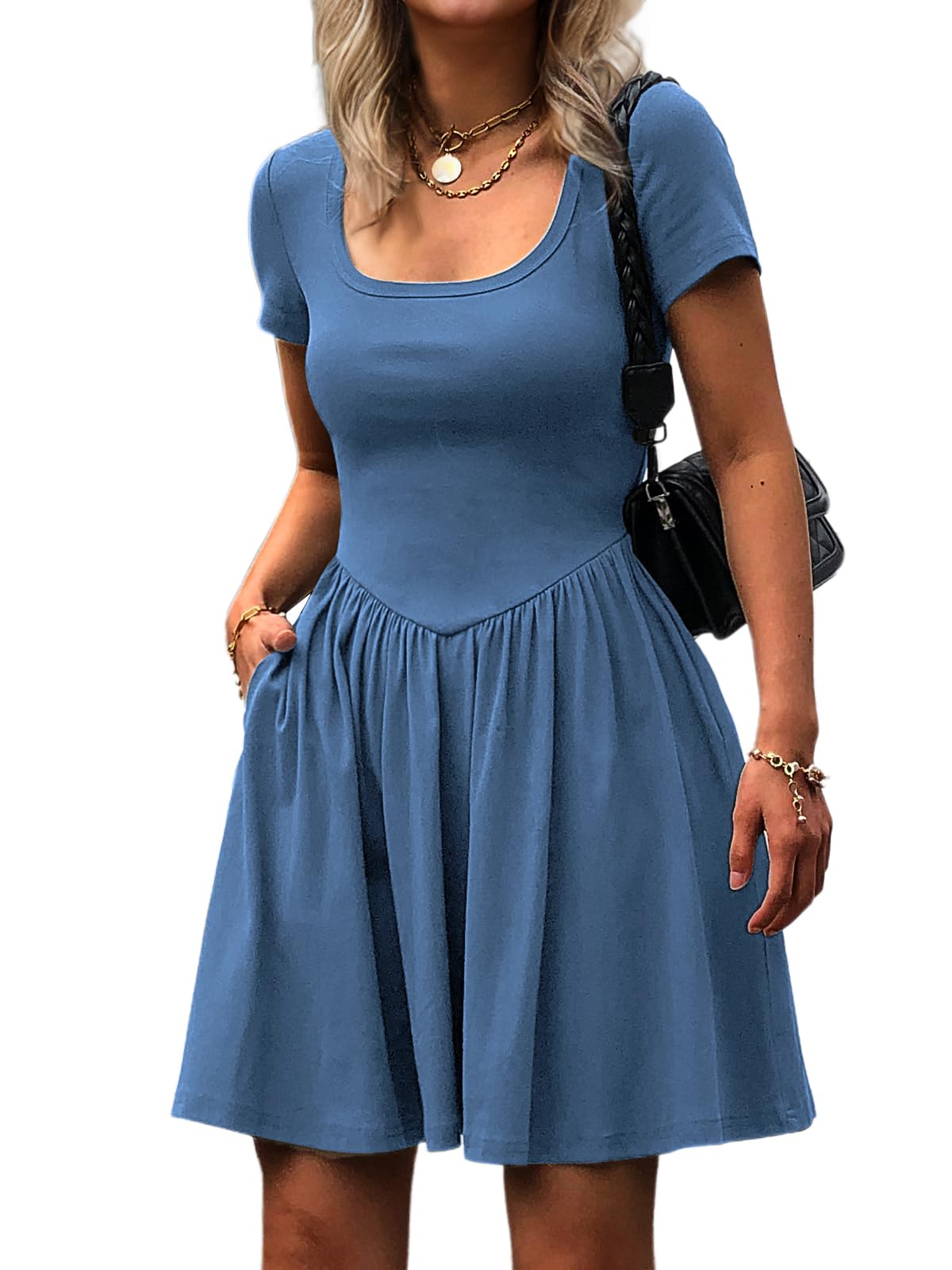 Photo 1 of **MINOR STAIN ON FRONT ** Mieazom Women's Summer Casual Short Sleeve Mini Dress Square Neck A Line Pleated Swing Dresses Basic Short Dress with Pockets Blue XL