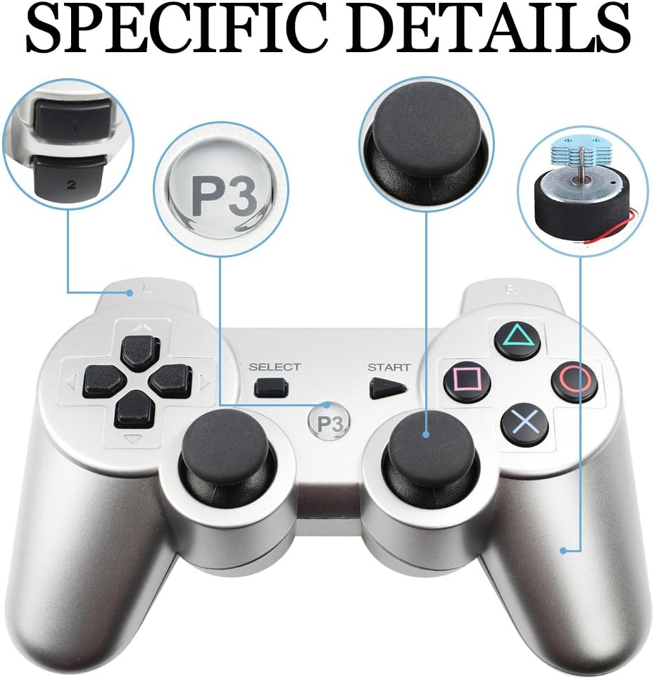 Autker PS3 Controller Wireless 2 Pack Playstation 3 Controller Double Vibration for PS3 with 2 Charging Cable (Silver+Red): Electronics