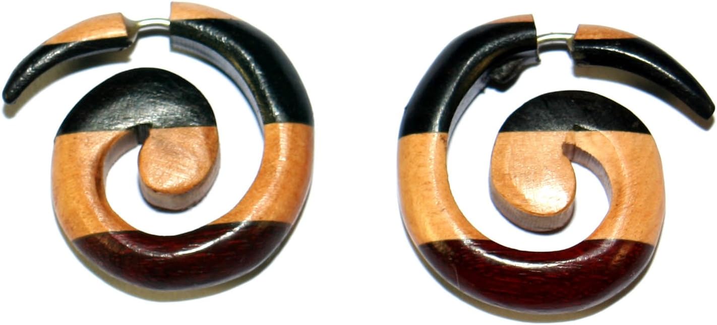 Wooden three colour striped spiral tribal earrings fake plugs dark brown black and natural 1 pair