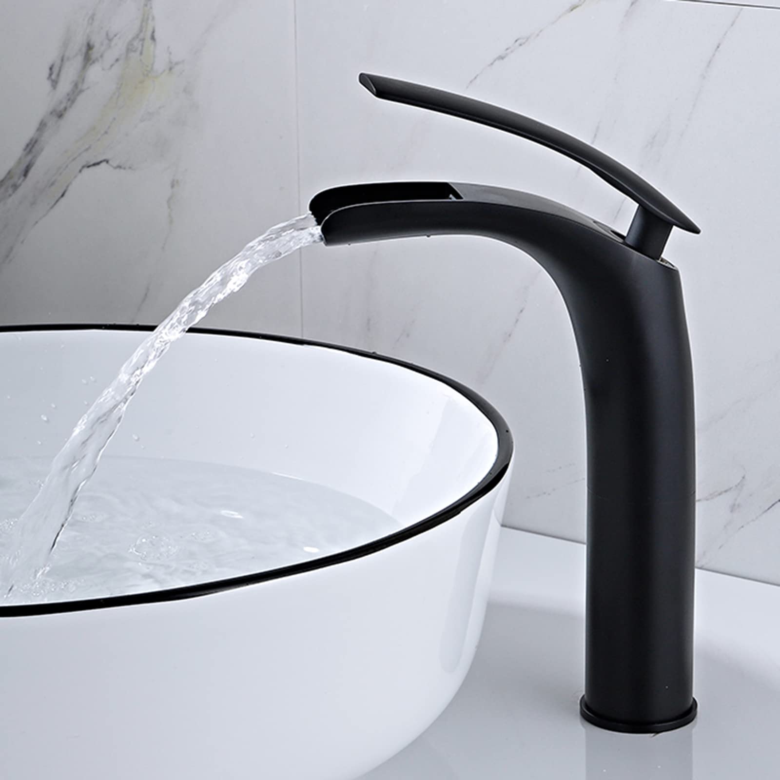 Washbasin Waterfall Tap, Basin Tap Black, Bathroom Countertop Basin, Hot and Cold Full Copper Tap (Black - High)