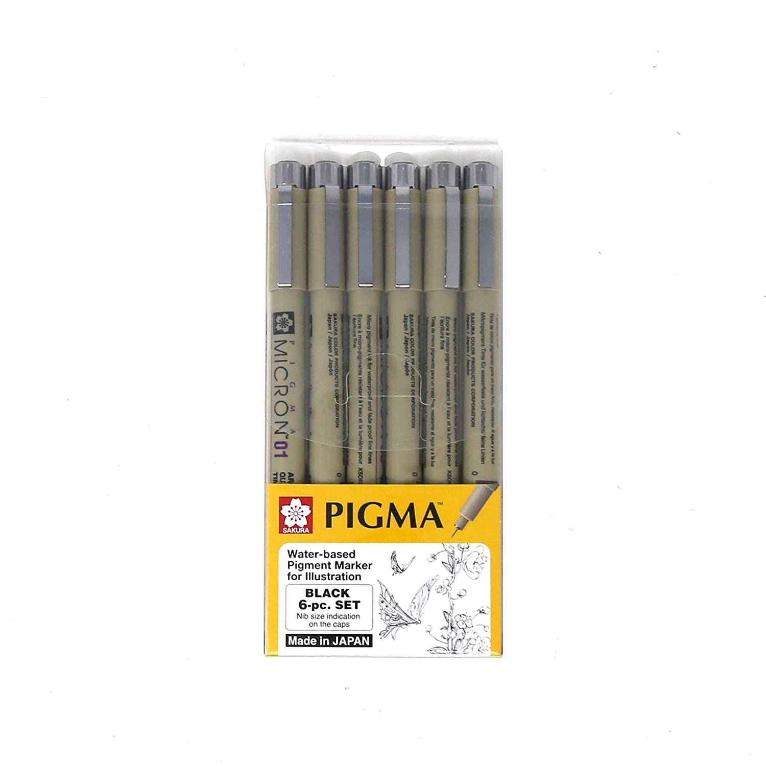 Sakura Pigma Micron drawing pens set, (Size: 005, 01, 03, 05,08, Brush tip) black fineliner artist pen (Pack of 6 pen)