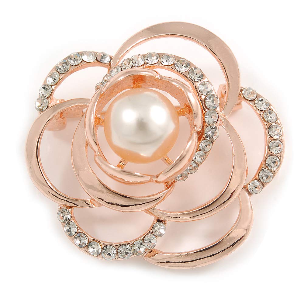 Romantic Crystal Rose Brooch In Rose Gold Tone Metal - 40mm D