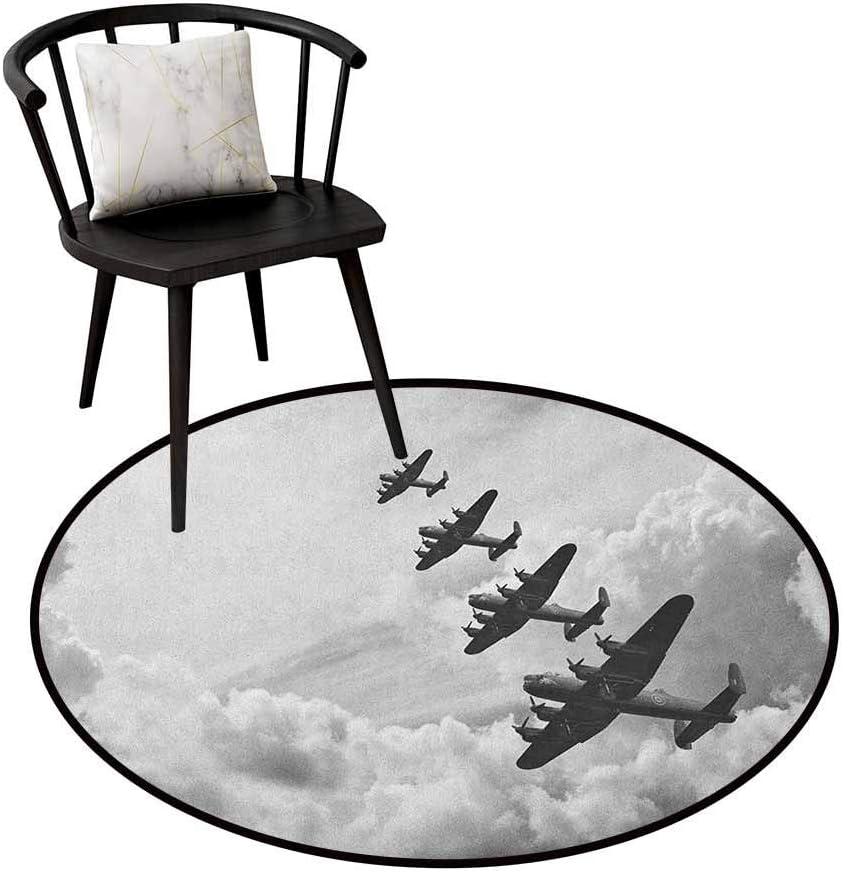 Area Rugs Round Circular Carpet Thick Airplane,Retro Image of Lancaster Bomber Jets from Battle Royal Air Force in Clouds Plane,Black White,Artwork Print Anti-Skid Area Rug 20" inch