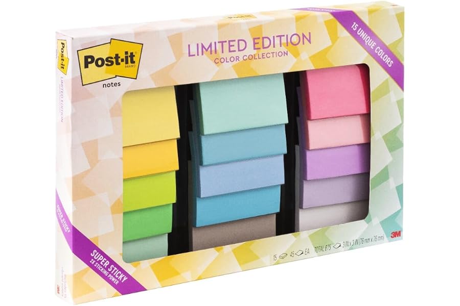 Post-it Super Sticky Notes, 3 x 3 in, Assorted Brights, 15 Pads | School Supplies and Office Supplies, 2X the Sticking Power