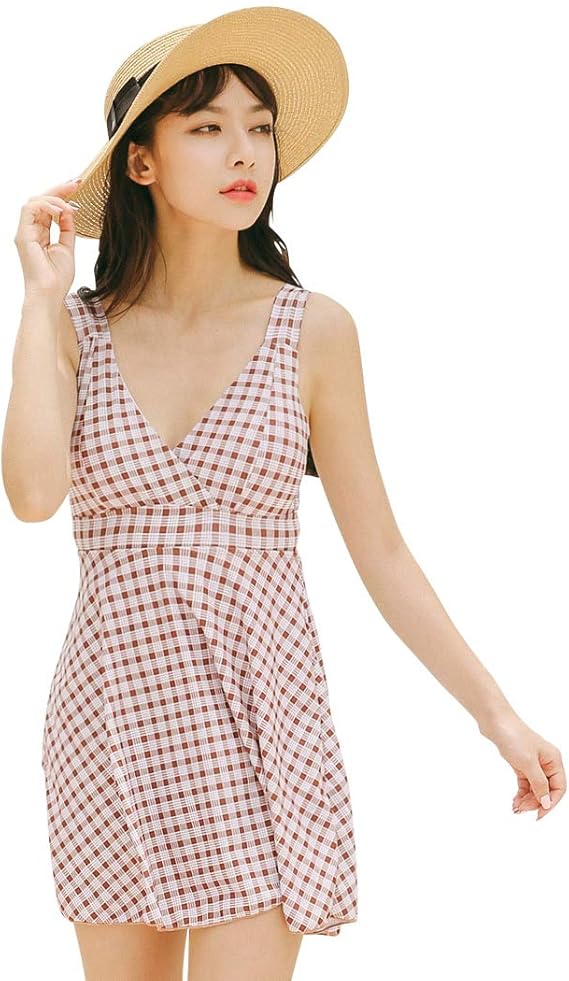 Amazon Teddy 水着 レディース 体型カバー ワンピース オールインワン バックシャン レースアップ チェック柄 お尻 太もも カバーアップ Hys1803 ブラウン M 9号 ワンピース 通販