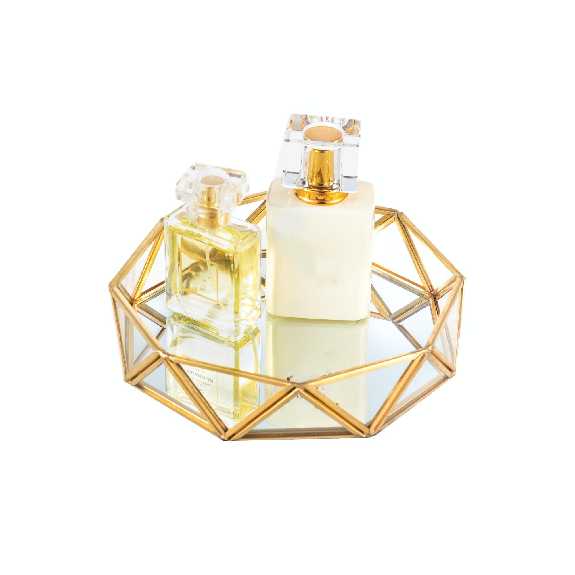 Feyarl Small Gold Mirrored Tray Ornate Cosmetic Tray Makeup Jewelry Organizer Vanity Glass Trays Perfume Display Dresser Tabletop Decorative Trays (7 Inch/18cm)