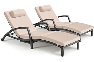 ZZWHOM Chaise Lounge Chairs Outdoor Set of 2, Comfy Outside Wicker Patio Pool Lounge Chair w/ 5 Adjustable Back Angle, Cup Holder, Thicken Cushion