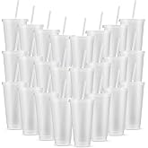 Amyhill 24 Pcs Reusable Cups with Lids and Straws 24 oz Glitter Iced Coffee Tumbler Plastic Travel Mug Cup for Smoothie Juices Birthday Sleepover Party Supplies for Girls(Clear)