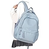 winspansy Small Backpack For School Girls Boys Aesthetic Lightweight Travel Daypack Simple Cute Backpack For Women Men College High School Bookbag Fit 14 Inch Laptop With USB charging port,Light Blue