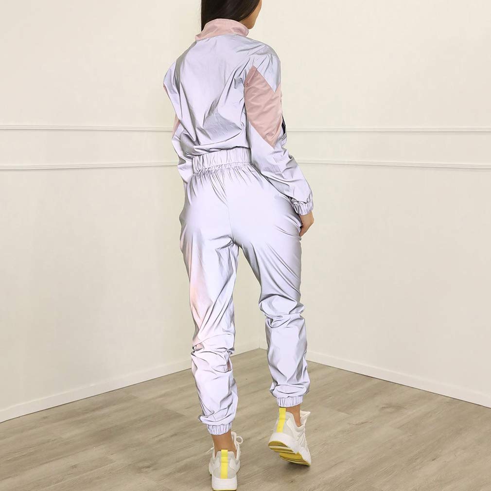 hiboteTute Donna Set da 2 Pezzi Pantaloni con Cappuccio Riflettente con Cerniera Riflettente Moda Giacca Allentata Cappotto Pantaloni Set di Tute di Giunzione