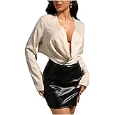 SHENHE Women's Sexy Deep V Neck Cropped Blouse Long Sleeve Draped Going Out Top Shirt