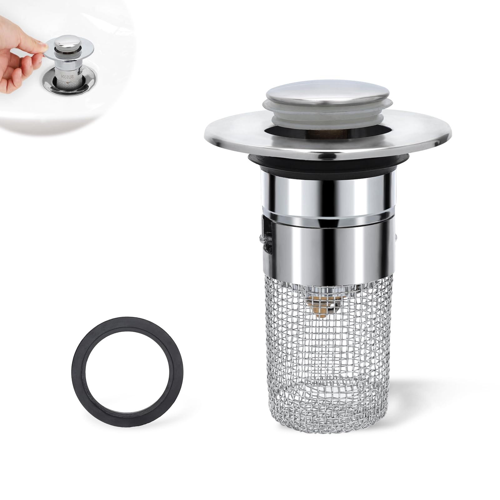 Stainless Steel Floor Drain Filter for 1.2-1.45 Inch Diameter Sink, Pop-Up Sink Drain Filter Multifunctional Bathtub Sink Drainer Bathroom Sink Stopper with Detachable Filter Basket