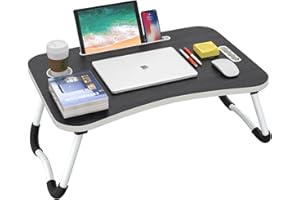 BUYIFY Folding Lap Desk, 23 Inch Portable Wood Deep Black Laptop Bed Desk Lap Desk with Cup Holder, for Working Reading Writing, Eating, Watching Movies for Bed Sofa Couch Floor