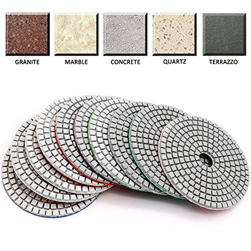ADVcer 15pcs 4" Wet Diamond Polishing Pads Set - 50 to 3000 Grit Hook and Loop Backing Sanding Discs - Ideal Buffing Kit for Granite Concrete Marble Stone Countertop Ceramic Floor Grinder or Polisher - Thumbnail 5