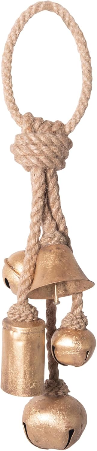 Ornaments - Creative Co-Op Decorative Metal Bells in Various Shapes on Jute Rope Hanger Wall Hanging, Gold, Christmas