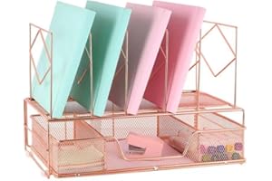 gianotter Desk Organizers and Accessories, Office Supplies Desk Organizer with Sliding Drawer, 5 Upright Section ​File Sorter Organizer (Rose Gold)