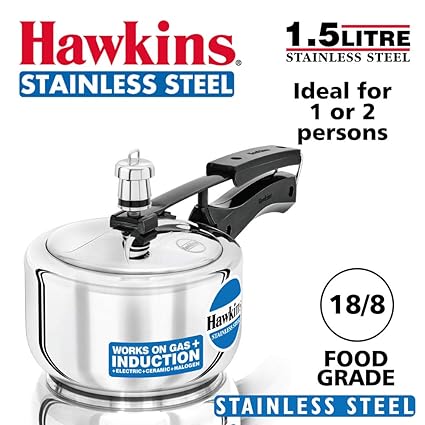 Hawkins Stainless Steel Pressure Cooker, 1.5 litres, Silver (HSS15)