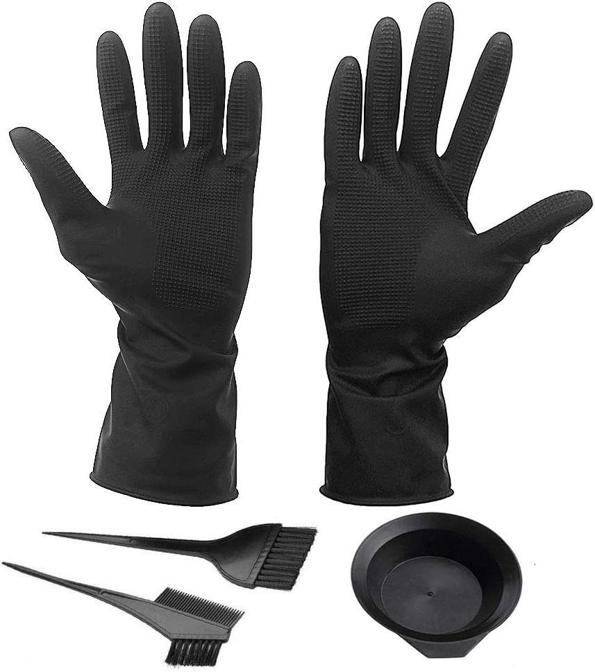 Hair Dye Gloves With Hair Dye Brush and Bowl Set Black Reusable Rubber Gloves for Hair Salon: Kitchen & Dining