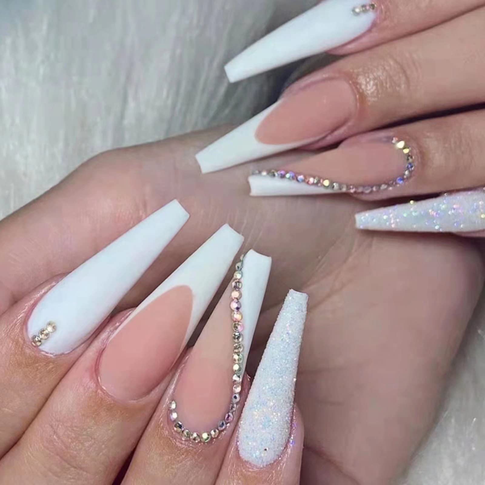 RUNRAYAY White French Fake Nails with Rhinestones, Splicing Press on Nails with Sequins Design, Long Stick on Nails, False Nails Art Kit for Women Girls