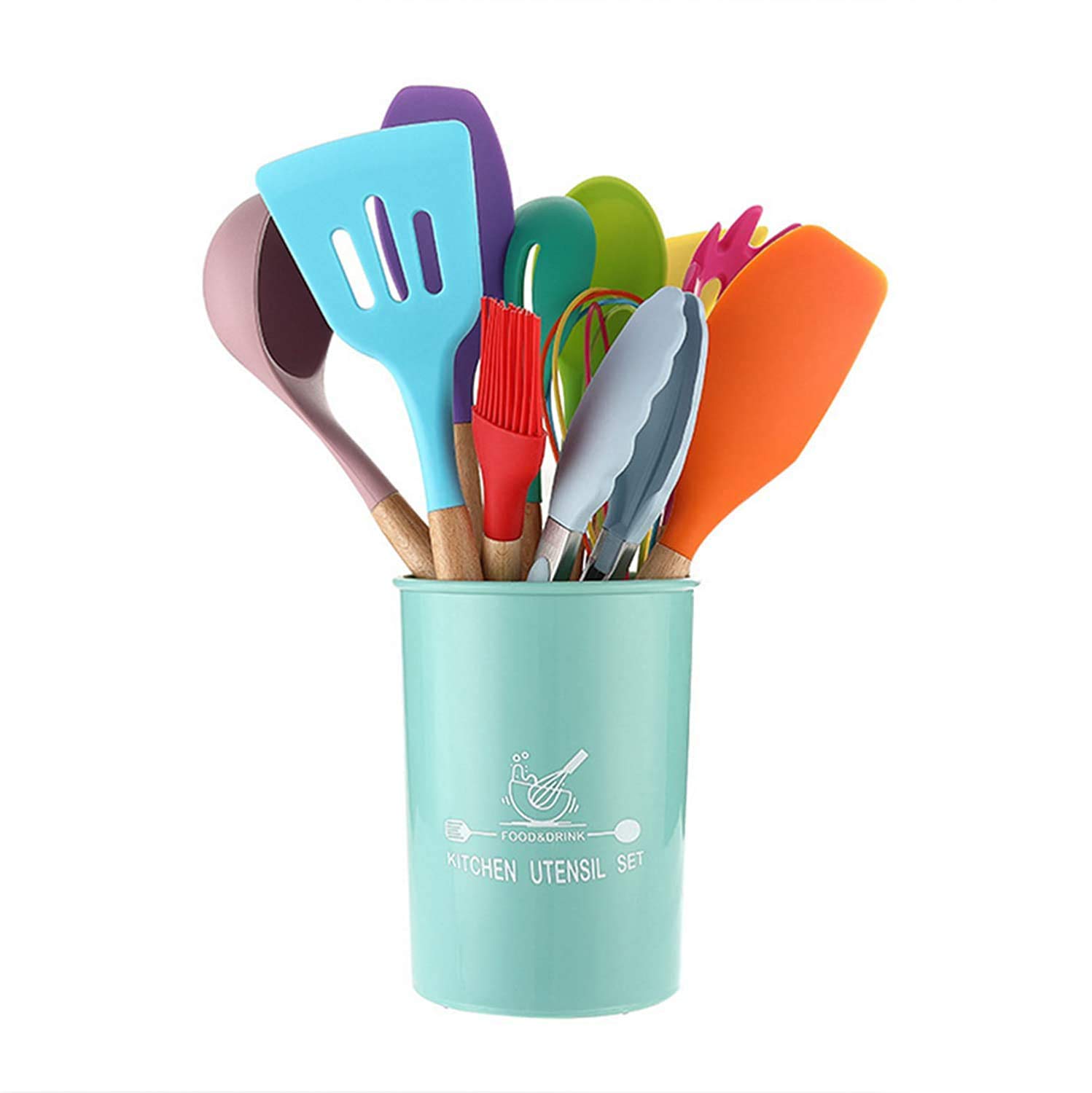 Silicone Cooking Utensils Kitchen Utensil Set - 446°F Heat Resistant,Turner Tongs,Spatula,Spoon,Brush,Whisk. Wooden Handles Gray Kitchen Gadgets Tools Set for Nonstick Cookware(Colourful-12pcs)