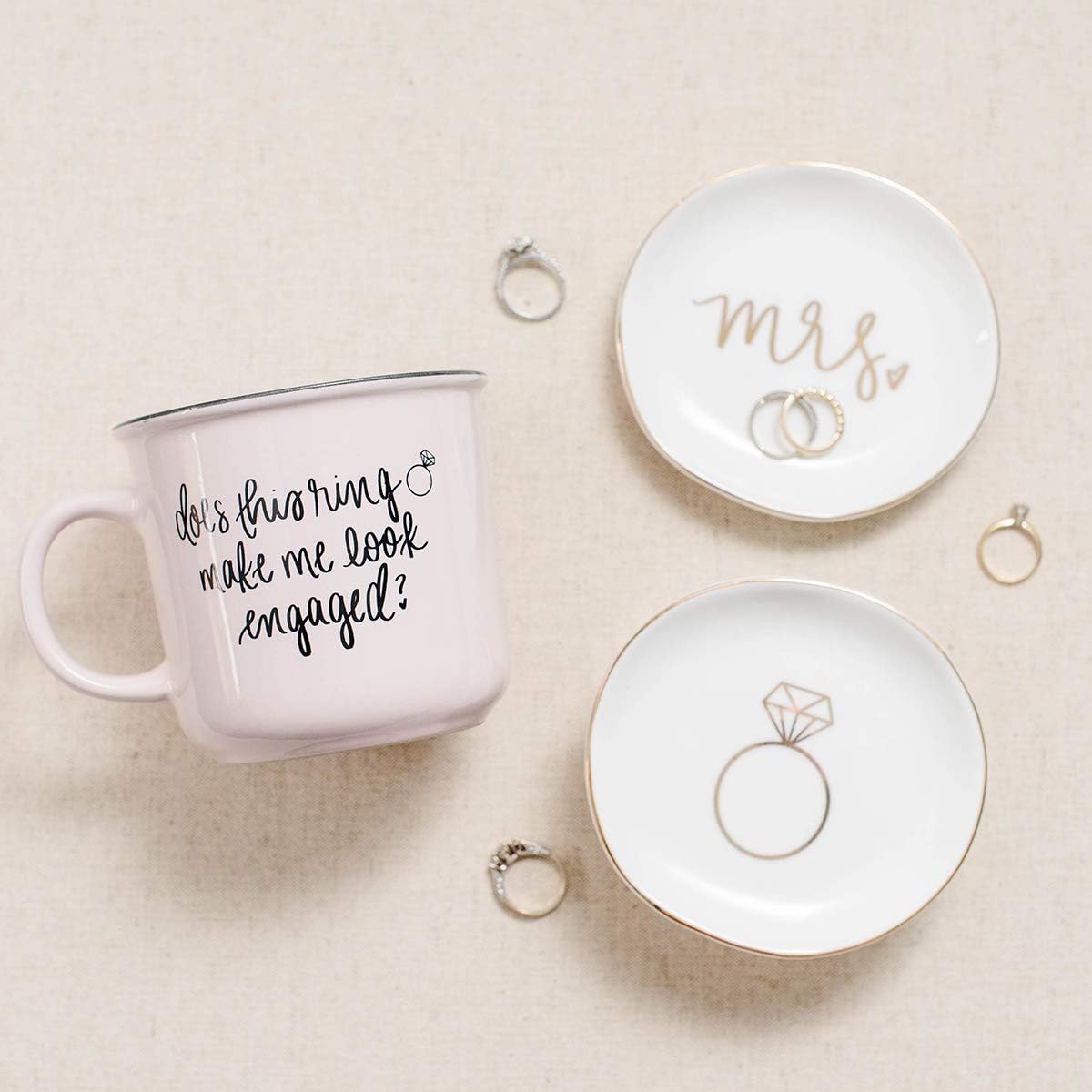 Sweet Water Decor Jewelry Dish Tray | Great for His and Her Engagement Engaged Ring Dish Holder Bride Ring Holder Gold Ceramic Trinket Tray Wedding Accessories (Mrs): Home Improvement