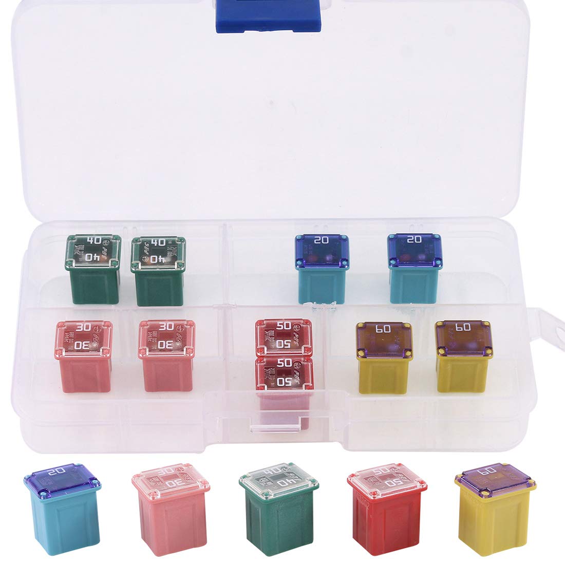 Glarks 10Pcs Automotive Low Profile Box Shaped Mini Jcase Fuse 20A 30A 40A 50A 60A Fuse Assortment Kit for Ford, Chevy/GM, Nissan, and Toyota Pickup Trucks, Cars and SUVs