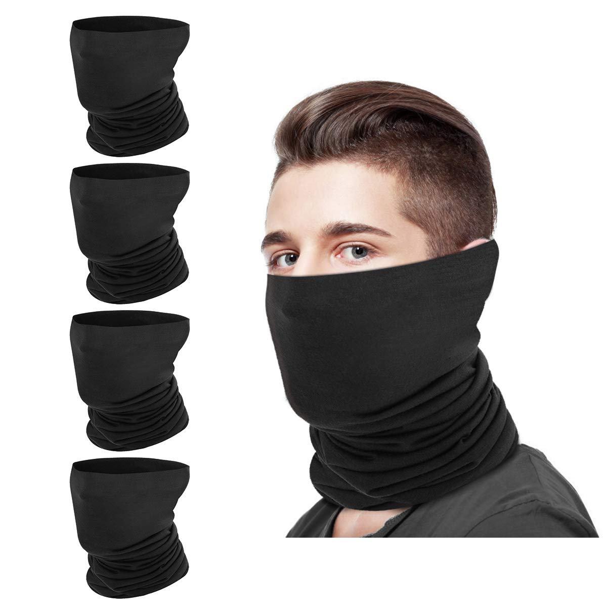 MoKo Balaclava for Men/Women, Neck Gaiters Face Mask Bandana 4 Pack, Multifunctional Headwear, UV/Dust Protection Reusable Washable Face Cover Headband Scarf for Outdoor Cycling Motorbike - Black