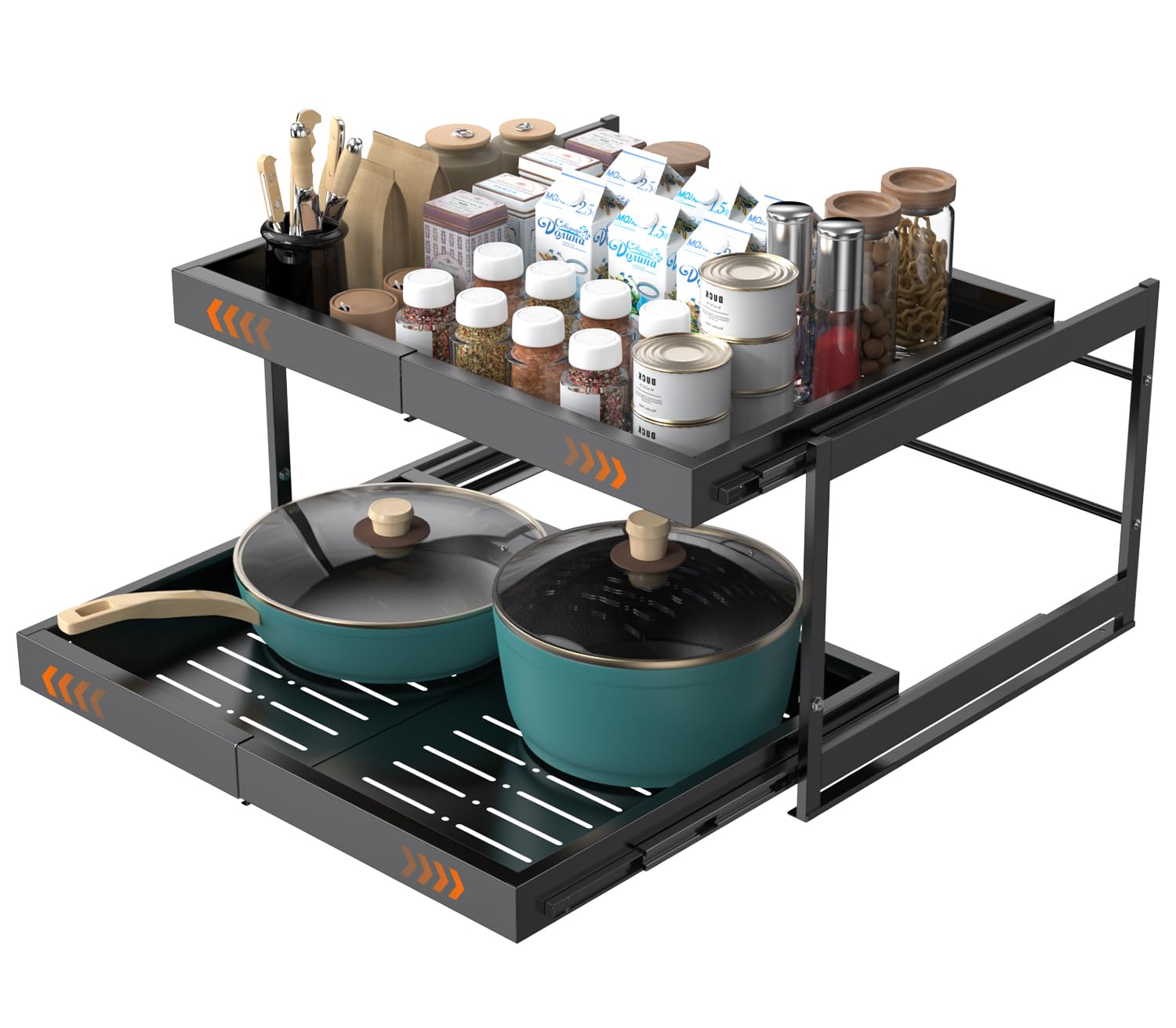 Photo 1 of 2-Tier Expandable Pull Out Cabinet Organizer, 21" Deep Heavy-Duty Slide Rail Slide Out Drawer Organizers with Adhesive Nano Film for Pots, Roll out Shelf Storage for Kitchen & Pantry Storage,White