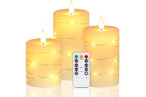 Upinmz Flickering Flameless Candles with Embedded String Lights, Battery Operated Candles with Remote Control and Timer,Flame