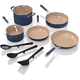 Ninja Ceramic Cookware Set, 11-Piece Kitchen Set, Navy Blue, CW49011 | Extended Life with Comfort Grip, Nonstick Fry Pans, Pots, PTFE Free, Oven &amp; Dishwasher Safe, Stovetop Compatible