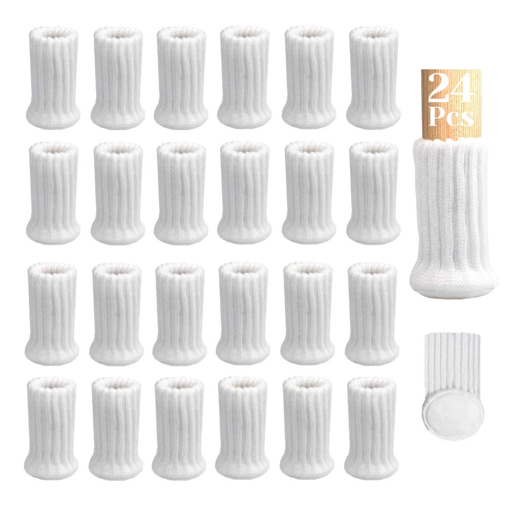 24Pcs Chair Leg Socks with Felt Pads, MERYSAN High Elastic Knitted Furniture Booties with Double Layered Thick, Non Slip Floor Protectors Covers Pads Caps Set for Avoid Scratches Noise(White)
