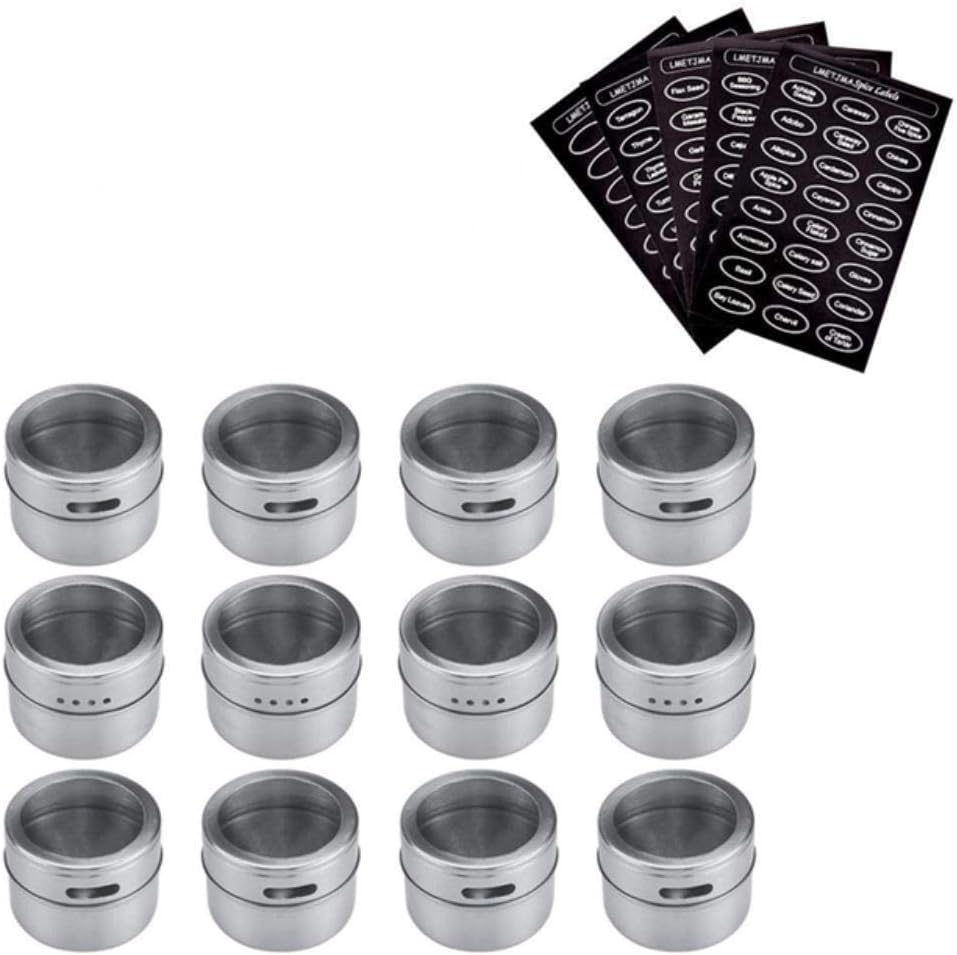 MNDR Magnetic Spice Jar Set With Stickers Stainless Steel Spice Tins Spice Storage Container Pepper Seasoning Sprays Tools,12 pcs