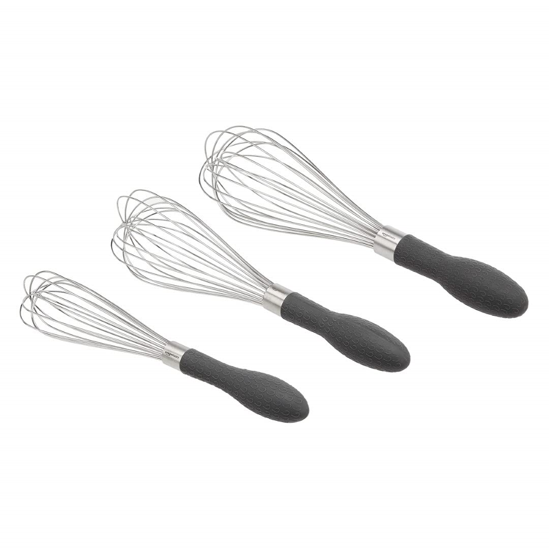 Amazon Basics 3-Piece Stainless Steel Wire Whisk Set, Black
