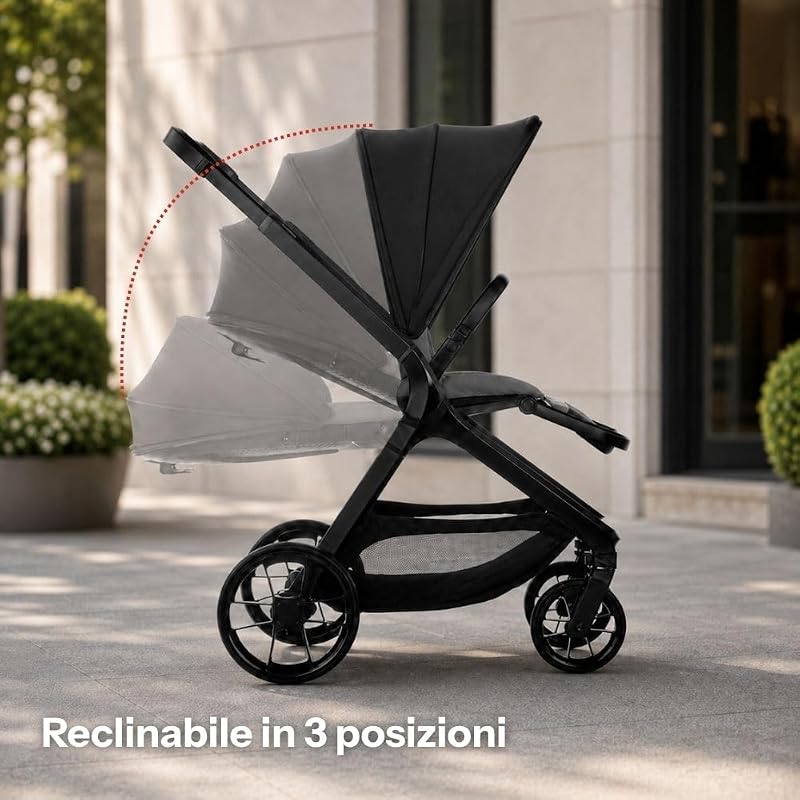 Kombo, Passeggino 2 in 1 con Navicella Rigida Rialzabile e Seduta Reversibile, Chiusura Automatica con una Mano, dalla Nascita fino a 22 kg, Grigio