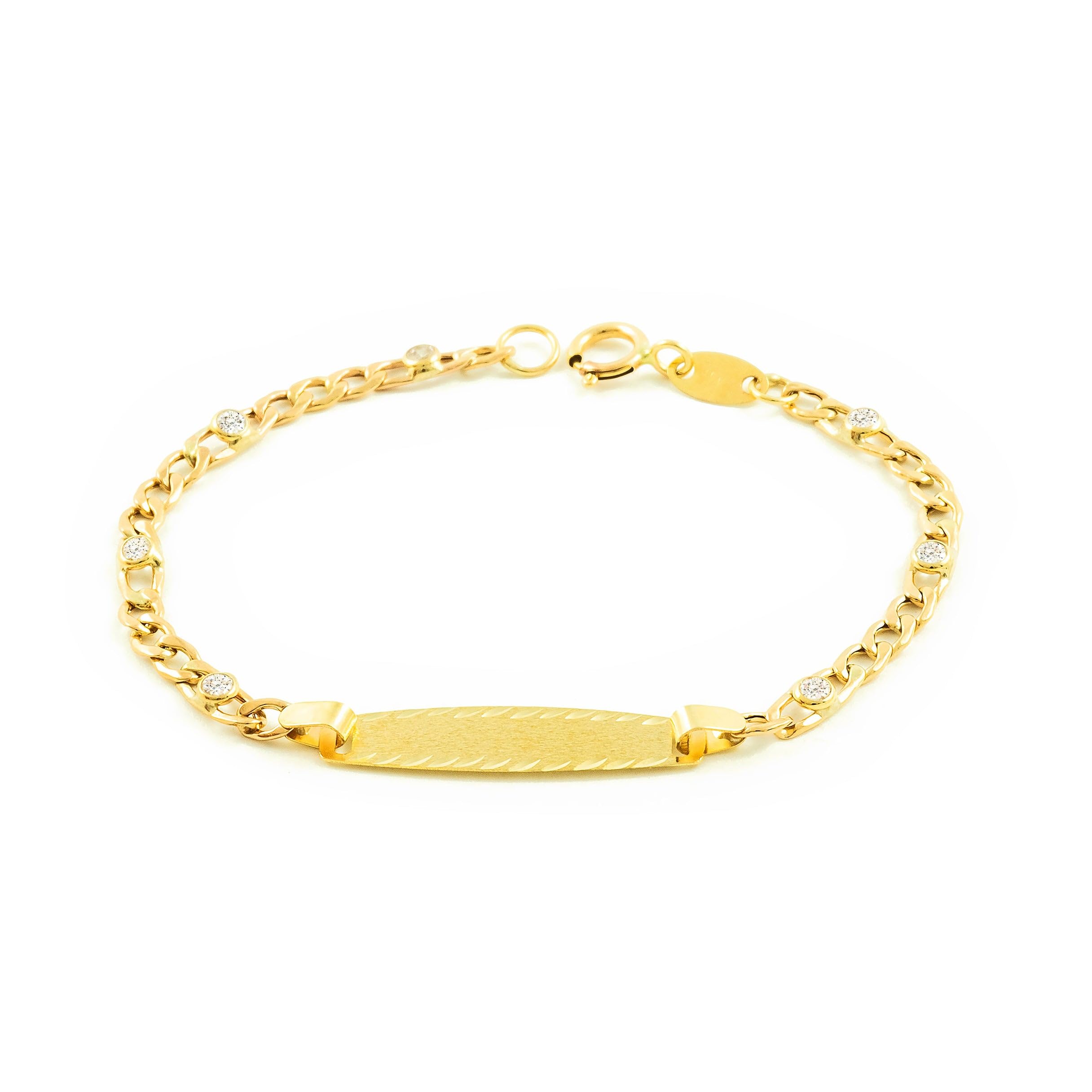 Monde Petit - 9ct Yellow Gold Personalized Baby Girl Slave Bracelet 3x1 Matt and Shine Zirconias 12 cm