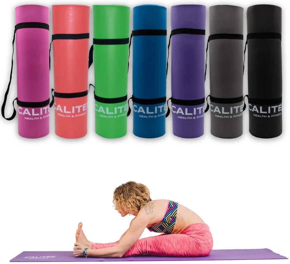 Calitek Yoga and Pilates 10mm NBR Foam Non-Slip Exercise Mat with Carry Strap for Fitness, Gymnastic and Gym Exercise -183cm x 60cm x 1cm