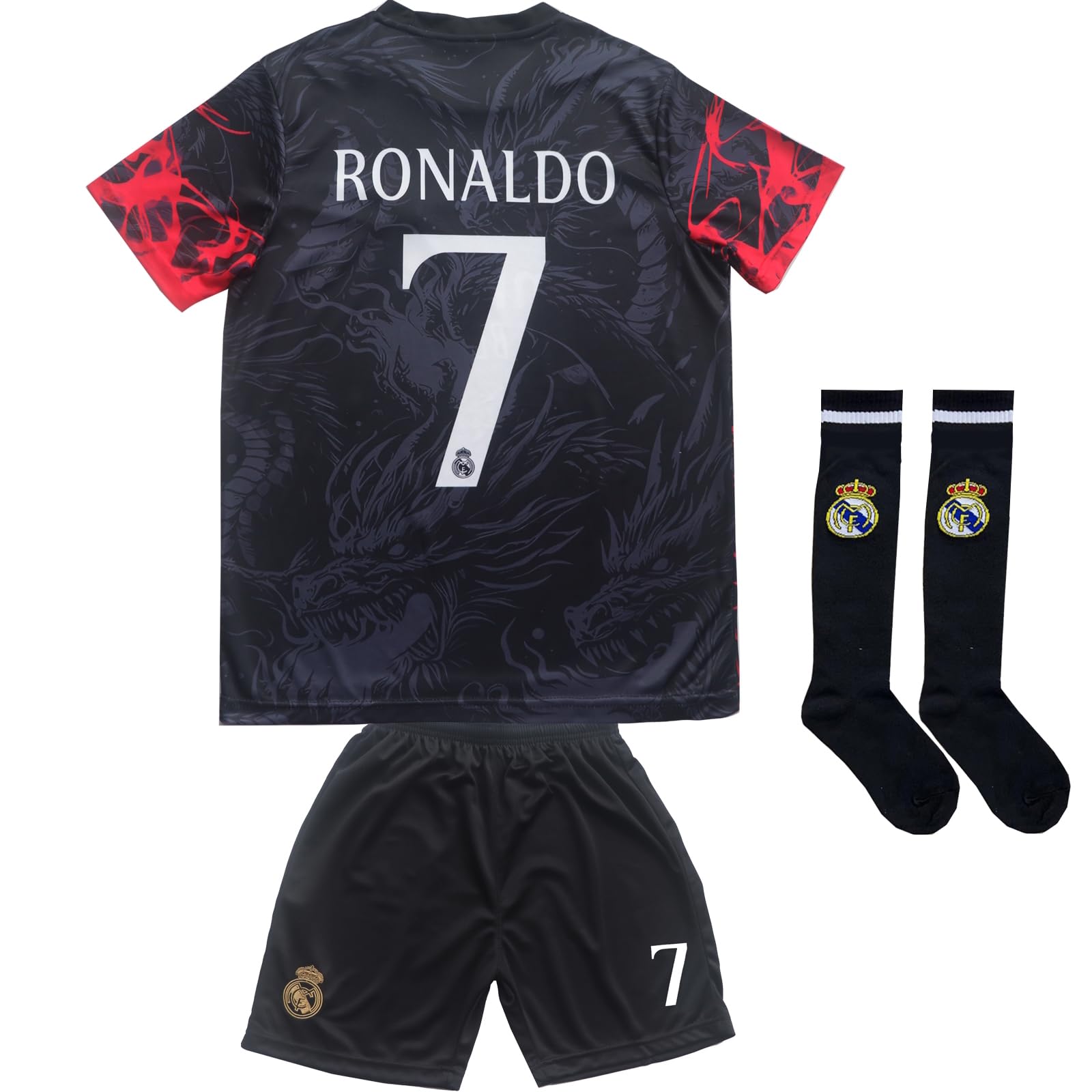 Photo 1 of Pitch and Trek Ronaldo Madrid #7 Special Dragon Limited Edition Kids Soccer Jersey Shirts Football Futbol Socks Gift Set Youth Sizes(Black,30)