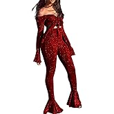 Women Shinny 2 Piece Outfits Off Shoulder Sexy V Neck Crop Top Ruffle Bell Bottom Pant Jumpsuit Sets