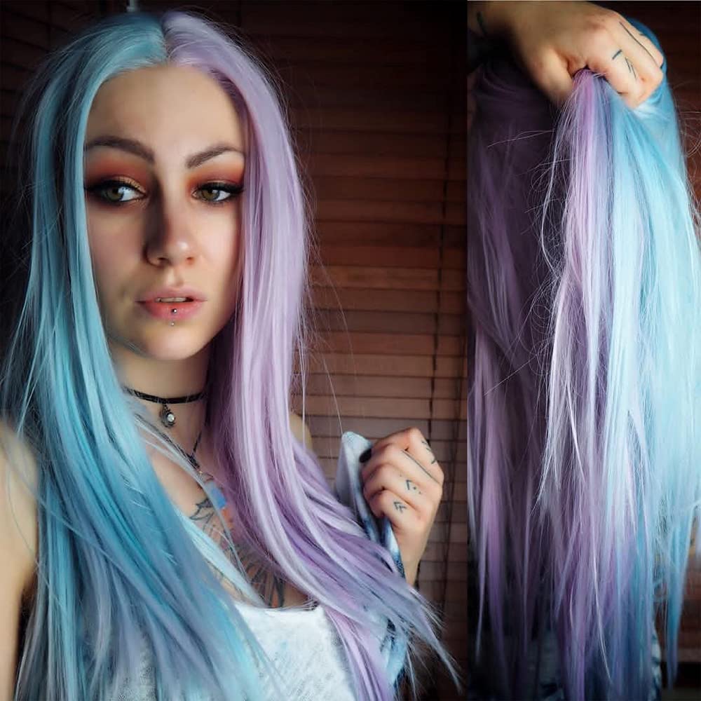 Natural Natural Straight Mermaid Piano Color Purple Pink To Blue Two Tone Synthetic None-Lace Full Machine Made Wig for Women Heat Resistant Replacement Cosplay Makeup Wig