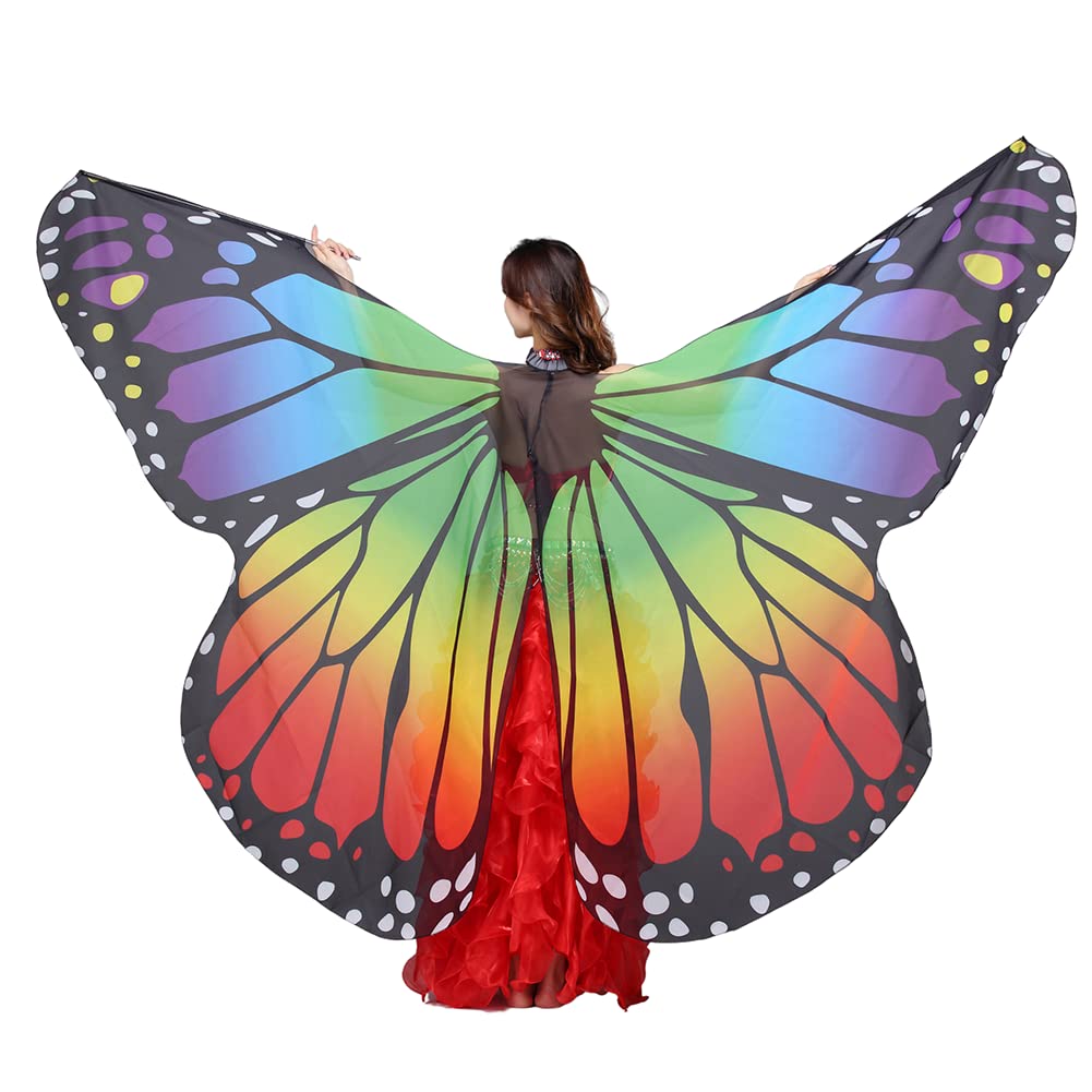 Leemiman Women Belly Dance Butterfly Wings Halloween Christmas Party Accessories Wings with Sticks (Rainbow)