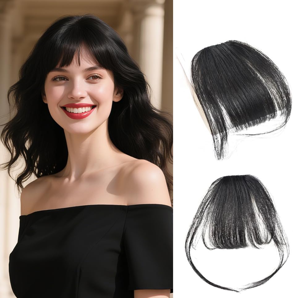 Clip in Bangs 100% Human Hair in Hair extensions Fringe with Temples Clip Hairpieces for Party and Daily Wear（Air Bangs,Natural Black）