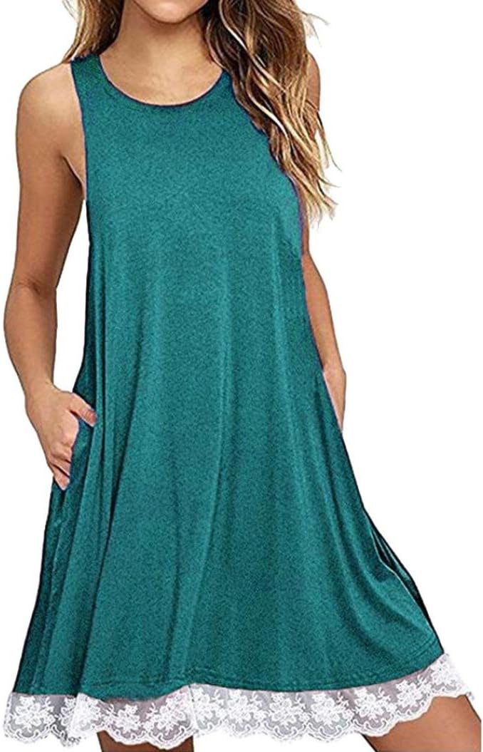 TLOOWY Women Summer Sleeveless Tank Dress Loose Lace Crochet Swing T-Shirt Dress Beach Sundress