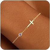 Dainty Birthstone Gold Cross Bracelets for Women Trendy 14K Gold Plated Inspirational Religious Faith Small Cross Bracelet Christian Baptism Birthday Gift for Women Minimalist Non Tarnish Jewelry