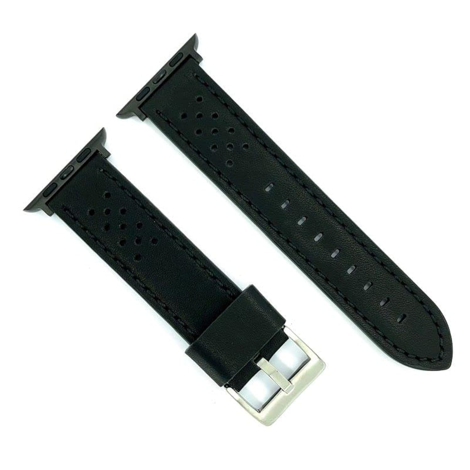 Racing leather strap black with colored stitching compatible with Apple Watch – Series 1 2 3 4 5 6 7 8 9 SE SE2 Ultra – 38mm 40mm 41mm 42mm 44mm 45mm 49mm – Ref AWP398 Black-Black Adapter