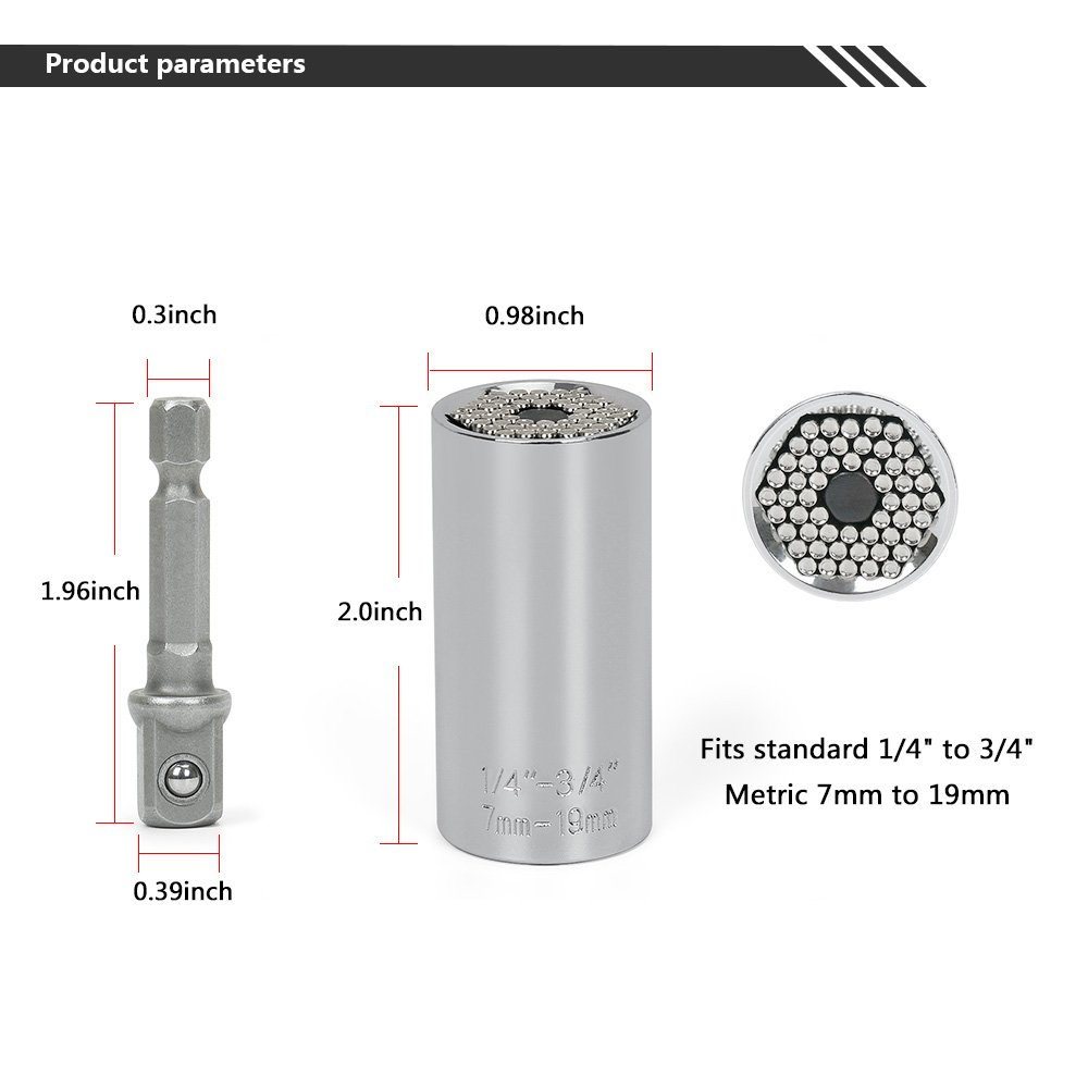 Universalschlüssel Adapter,Standard 1/4 in - 3 / 4in,Metrisch 7- 19mm Multifunktions-Universal-Handwerkzeuge Steckschlüssel Adapter Repair Tools Universalnuss Selbsteinstellende Kombination
