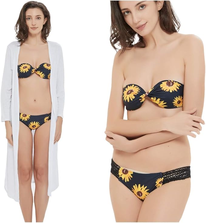 Amazon レディース水着 バンドゥ レース付きtパック ビキニ リボン カーディガン 3点セット ネイビー イエロー 花柄プリント セクシー 水着 バッド付き ビキニ セパレーツ 通販